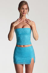 Embellished Mid-Rise Micro Mini Skirt in Aqua Blue