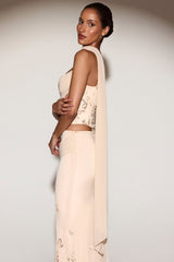 Embellished Lace-Up Corset Top With Scarf in Gold