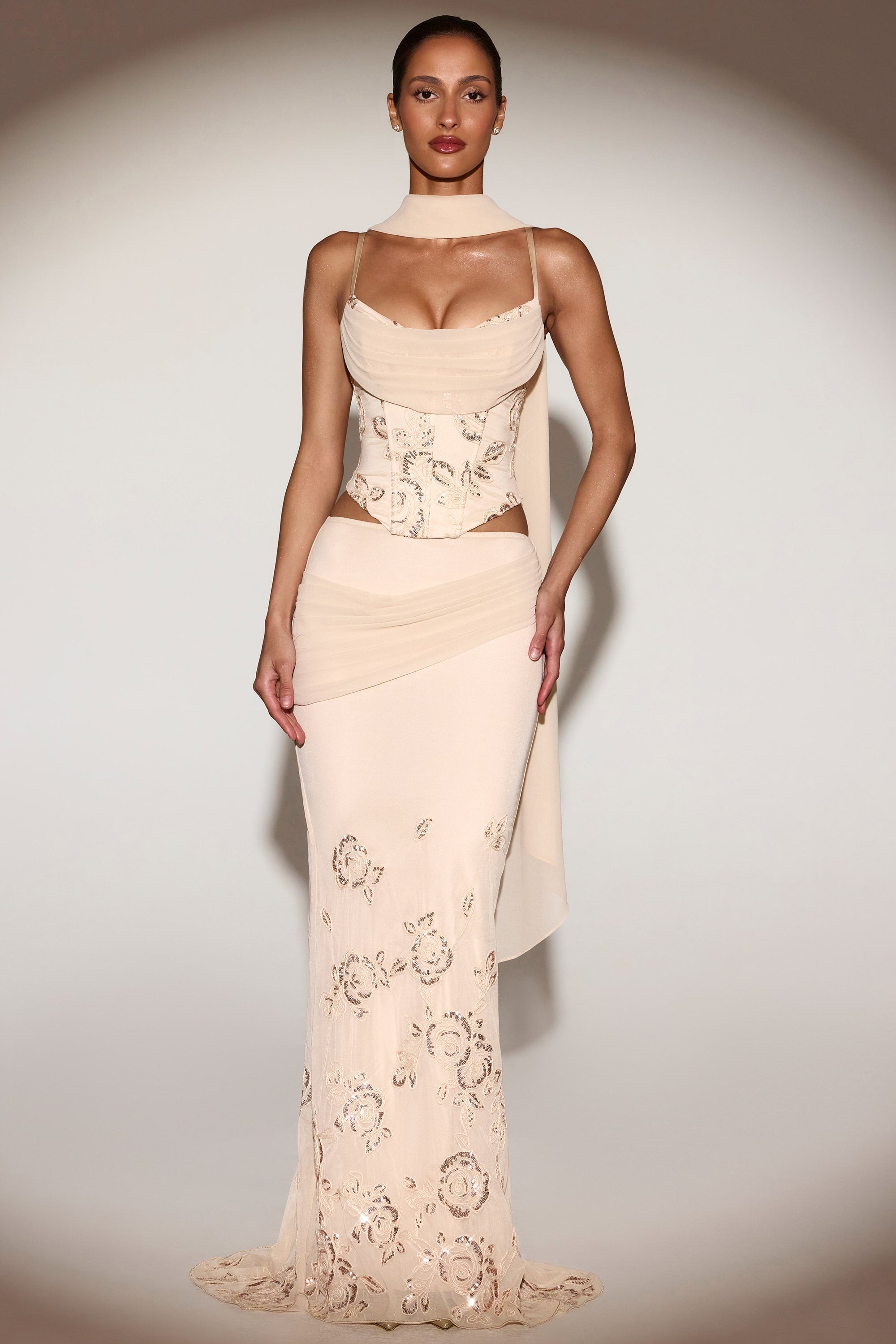 Embellished Lace-Up Corset Top With Scarf in Gold