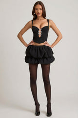 Layered Bubble Hem Mid-Rise Mini Skirt in Black